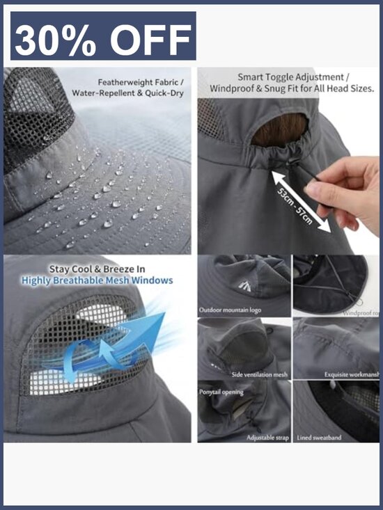Foldable Wide Brim Sun Hat with Neck Flap, Ponytail Hole, UPF 50+, Adjustable main image 7